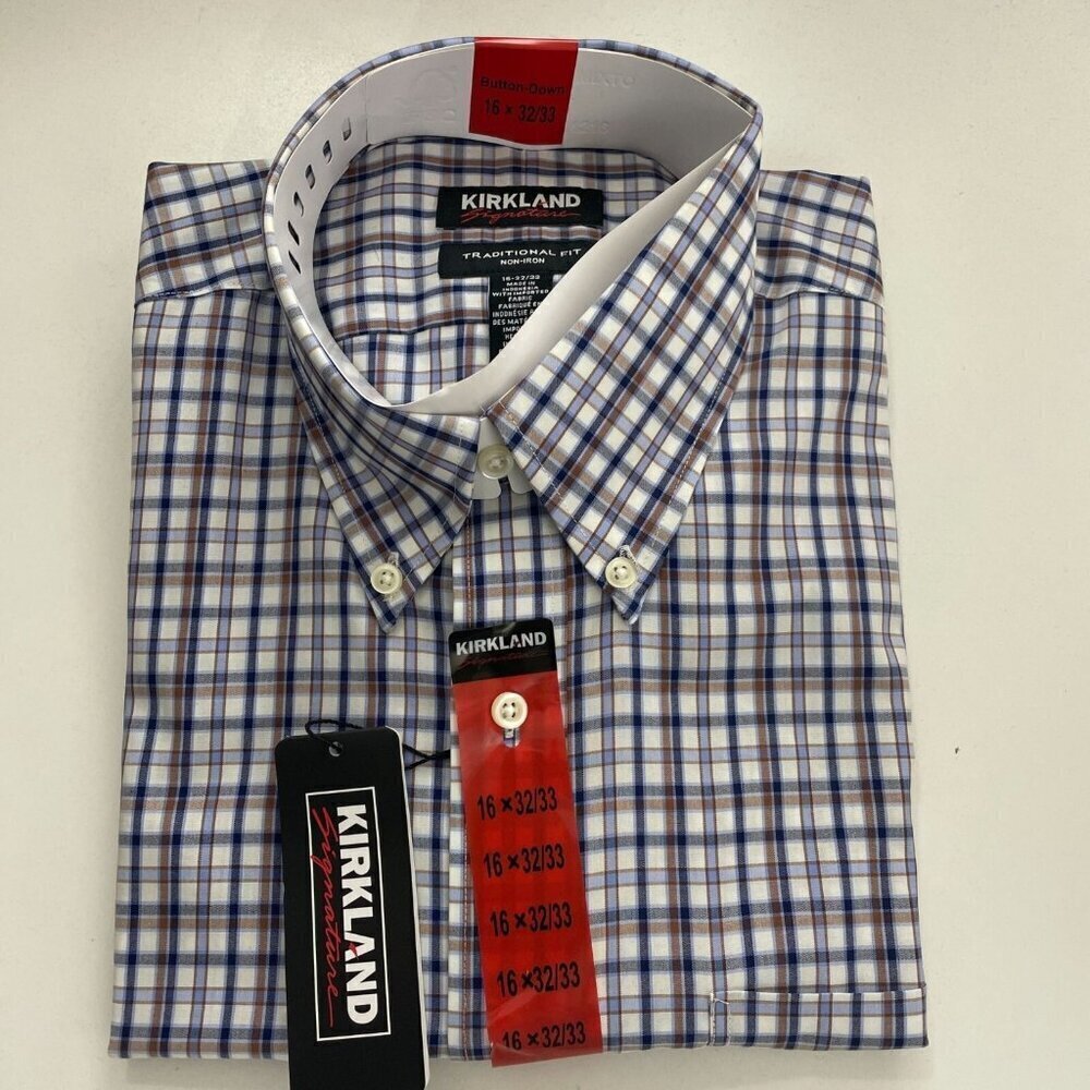 NEW Kirkland Signature Mens 16 32/33 Traditional Fit Plaid  Button down Shirt